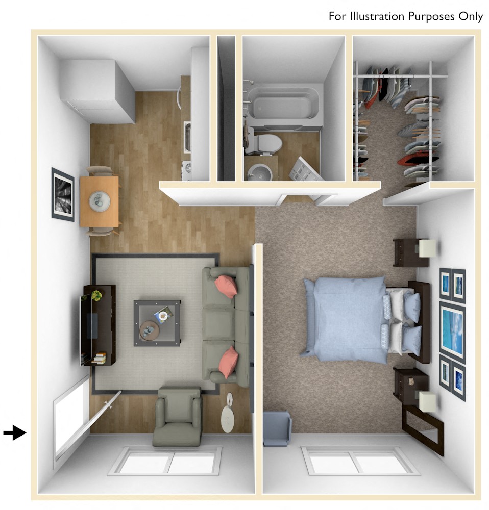 Floor plan for 1 bed, 1 bath, 691 sqft